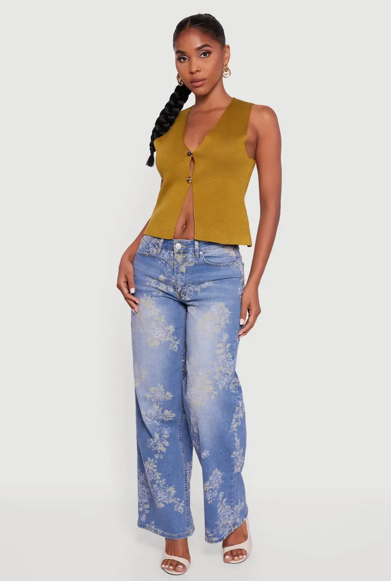 Sleeveless Metallic Button-Front Sweater Vest With Split Hem 1