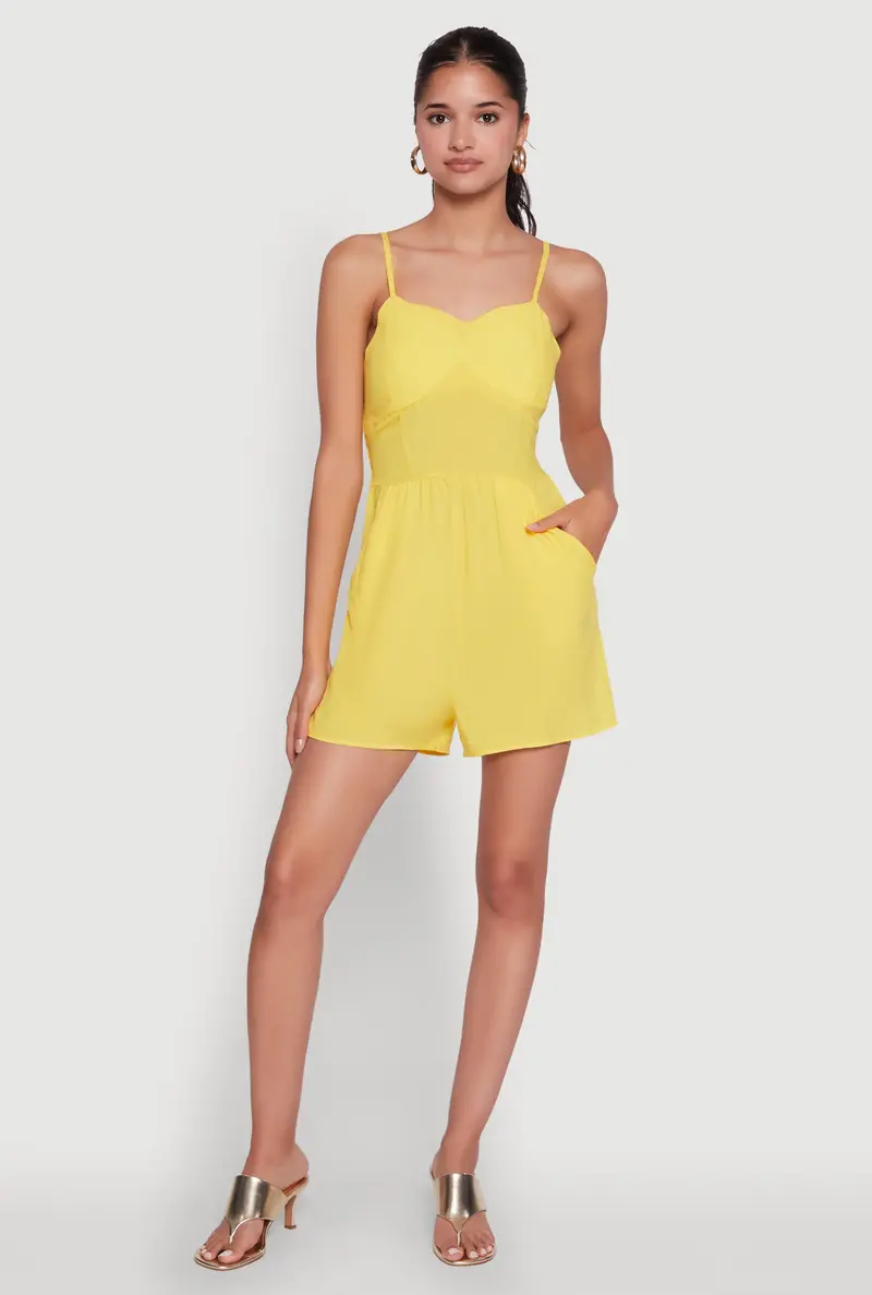 Sleeveless Smocked Romper With Padded Cups And Functional Pockets 1