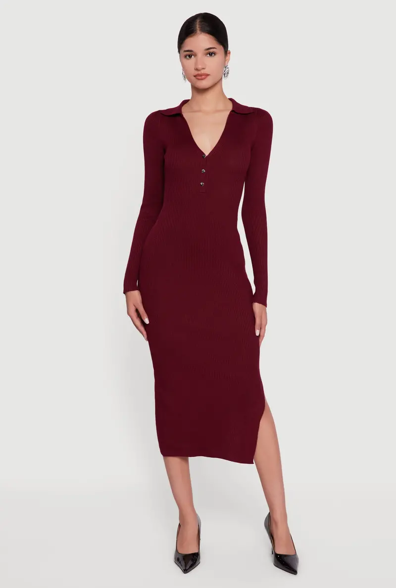 Slim-Fit Ribbed Knit Midi Dress With Elegant Side Slit 1