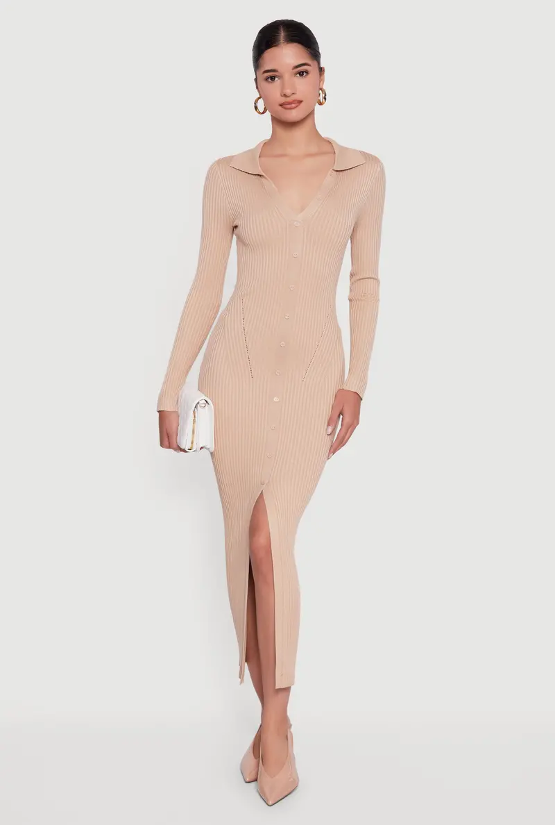 Slit-Front Sweater Dress – Rib Knit With Button Accents 1