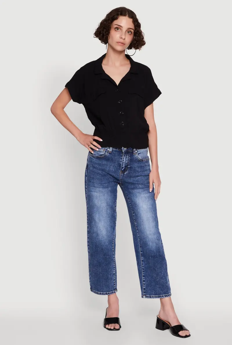 Smocked-Waist Button-Up Blouse With Trendy Silhouette 1