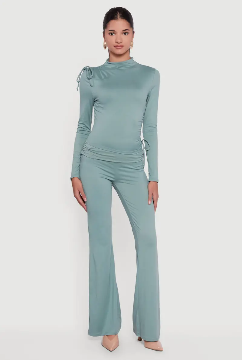Soft Knit Flared Pants With Ruched Fold-Over Waist 1
