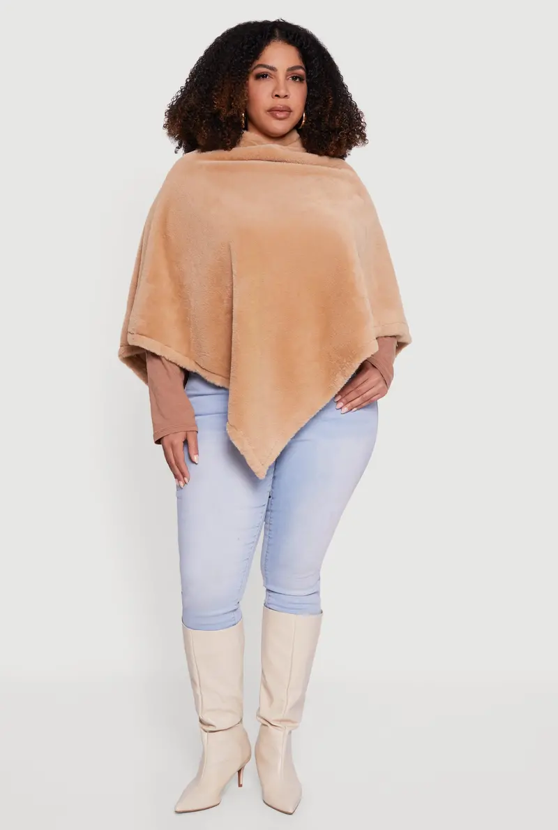 Solid Faux Fur Hooded Poncho Wrap 1
