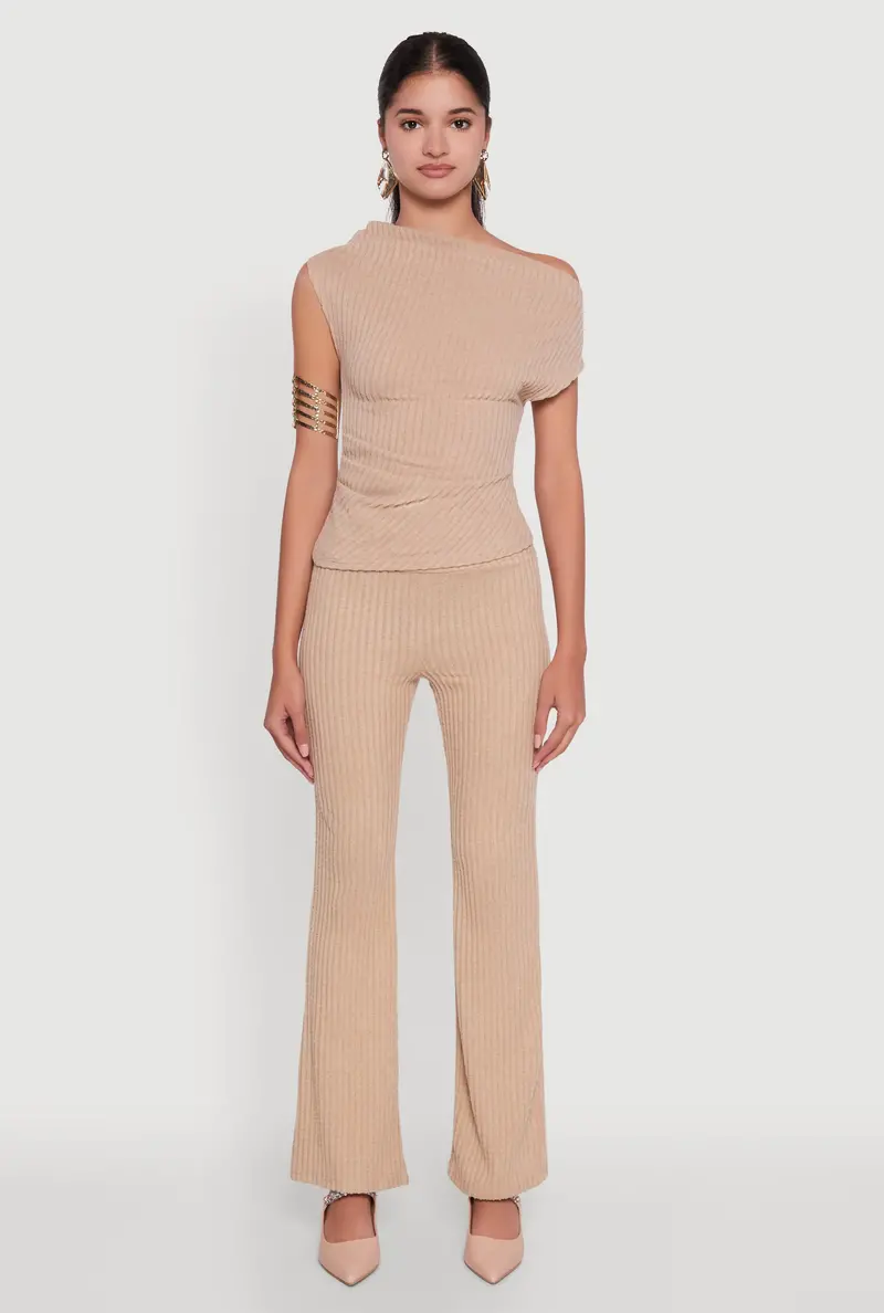 Solid Ribbed-Knit Straight-Leg Casual Pants 1