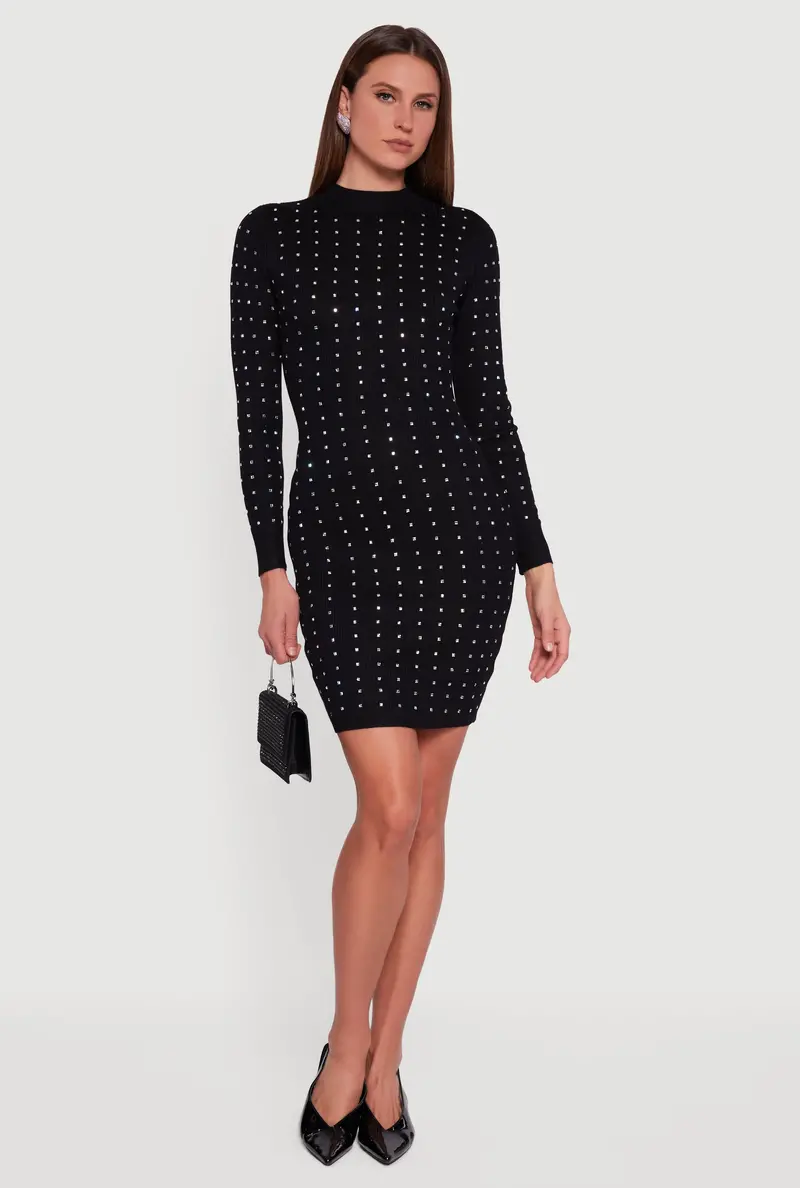 Sparkling Rhinestone-Embellished Ribbed Knit Mock Neck Sweater Dress 1