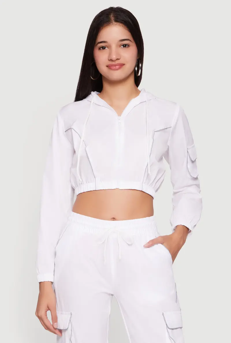 Sporty Cropped Nylon Hooded Jacket – Zip-Up Design 1