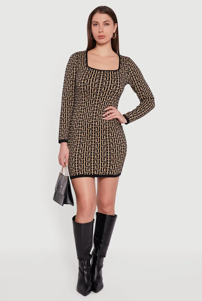 Square-Neck Sweater Dress With Printed Pattern And Long Sleeves 1