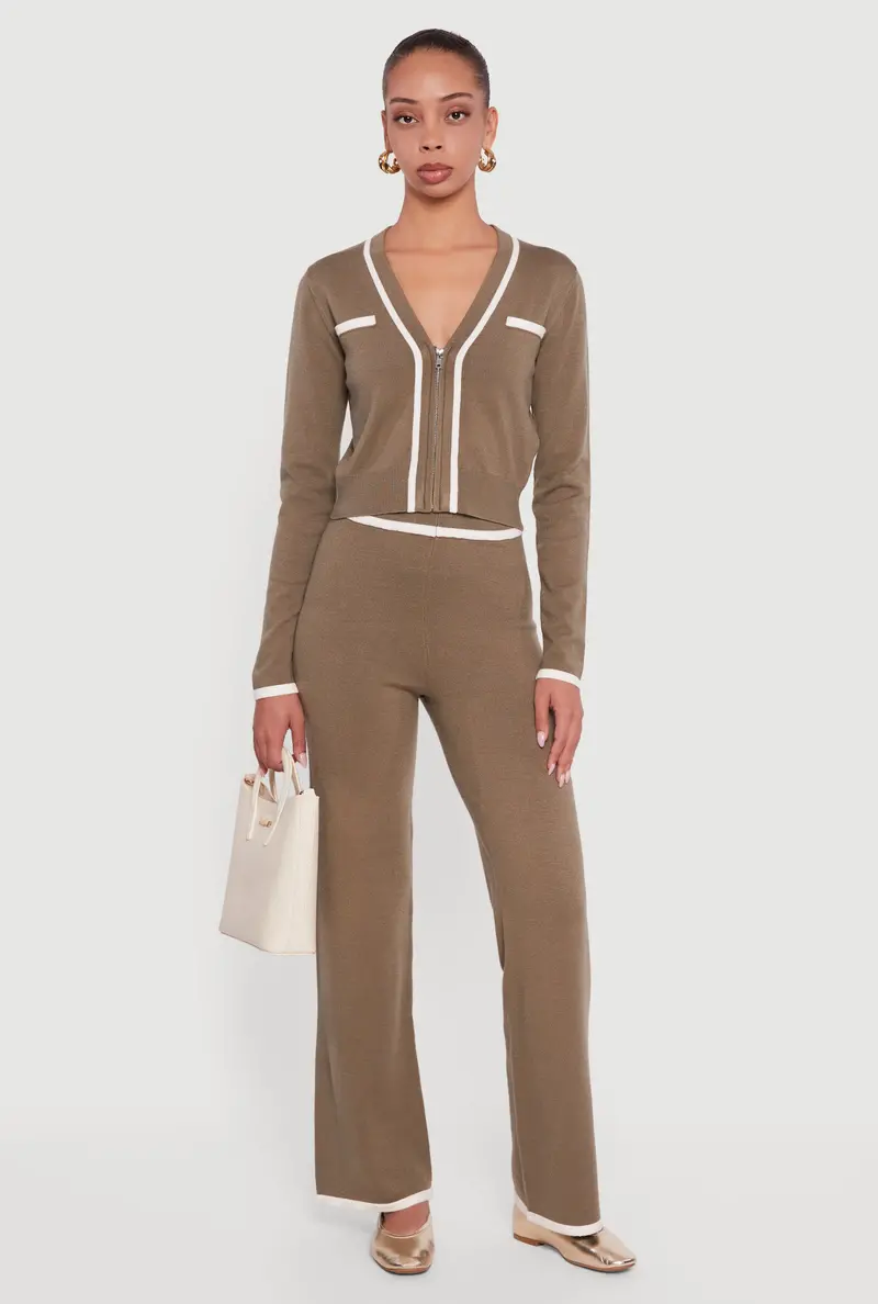 Straight-Leg Casual Pants With High Waist And Contrast Trim 1
