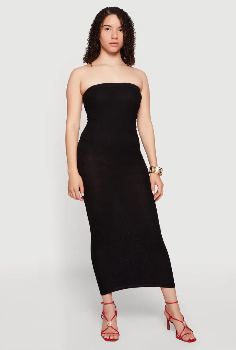 Strapless Greek Key Pattern Midi Dress In Soft Knit Fabric 1