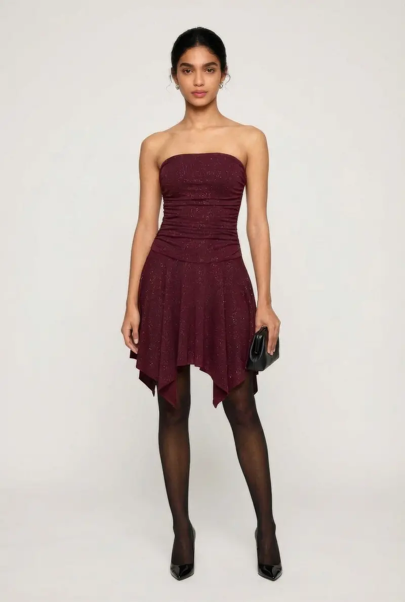 Strapless Tube Dress With Side Ruching And Handkerchief Hem 1