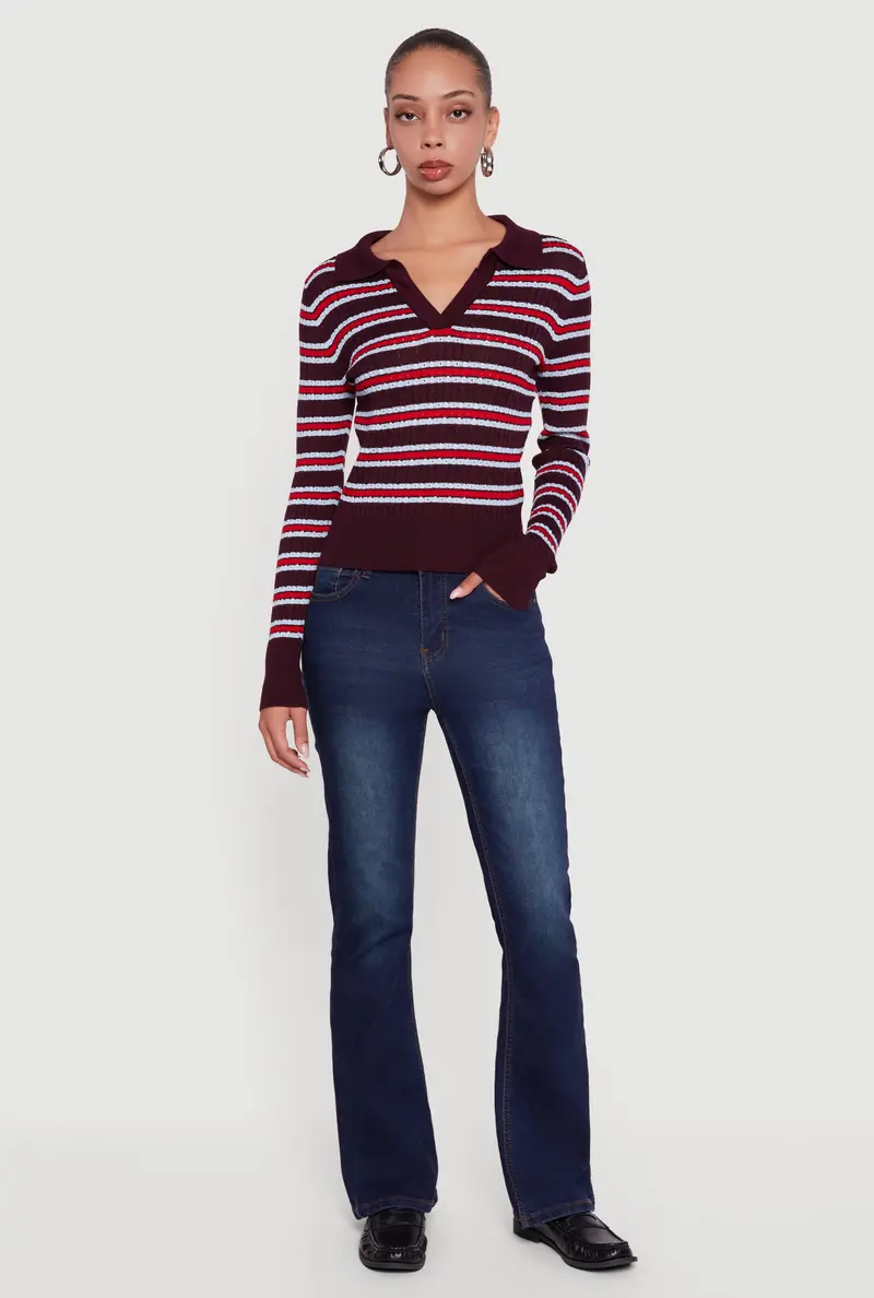Striped Cable Knit Polo-Style Sweater 1