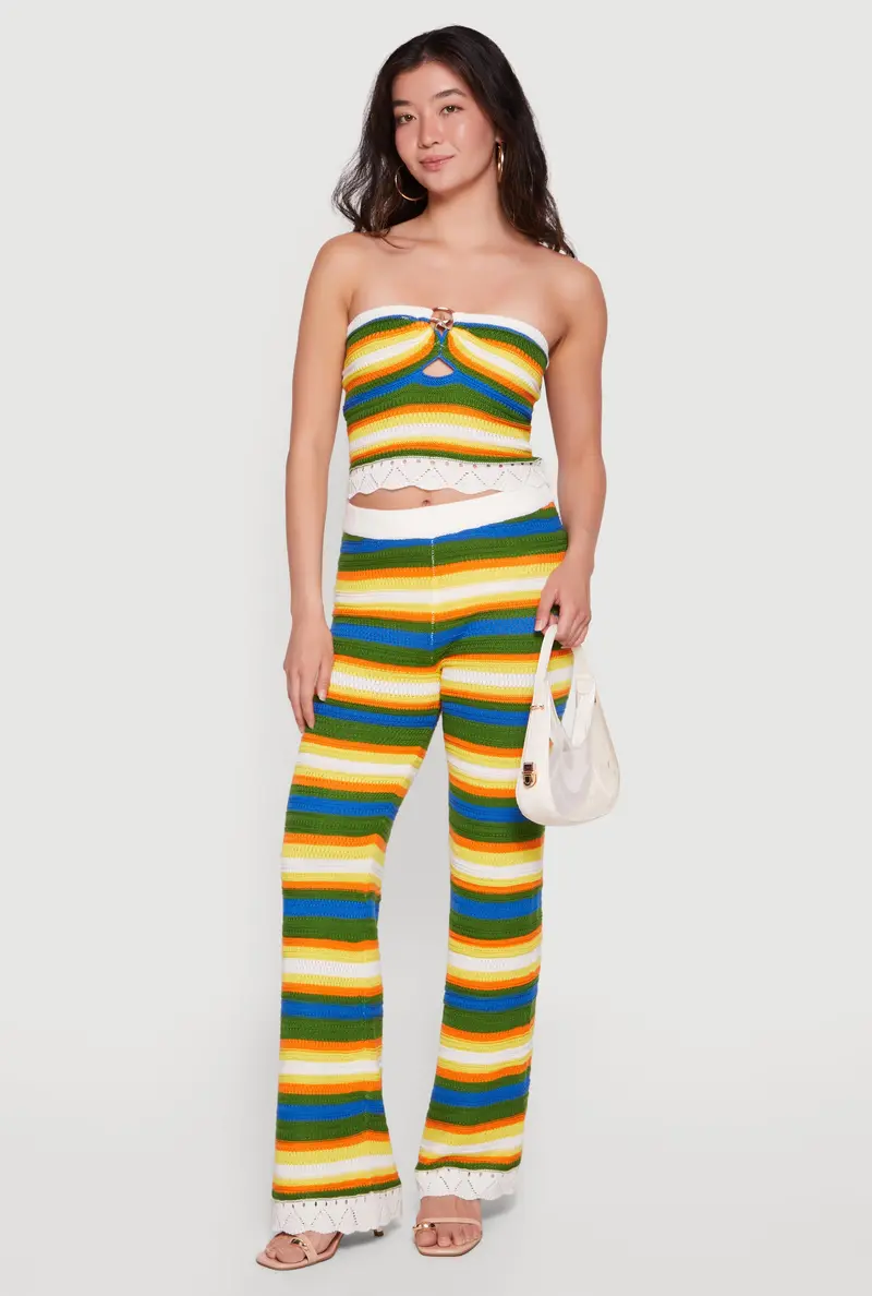 Striped Flare-Leg Crochet Pants With Pointelle Knit Cuff 1