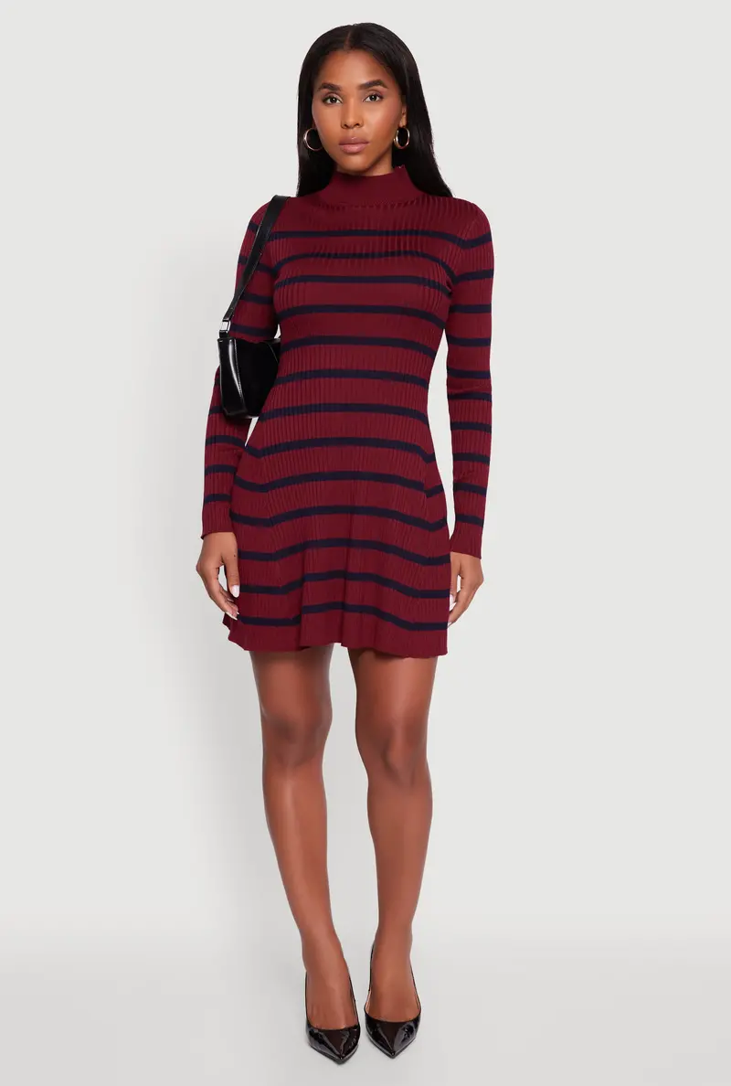Striped Long-Sleeve Rib Knit Sweater Dress 1