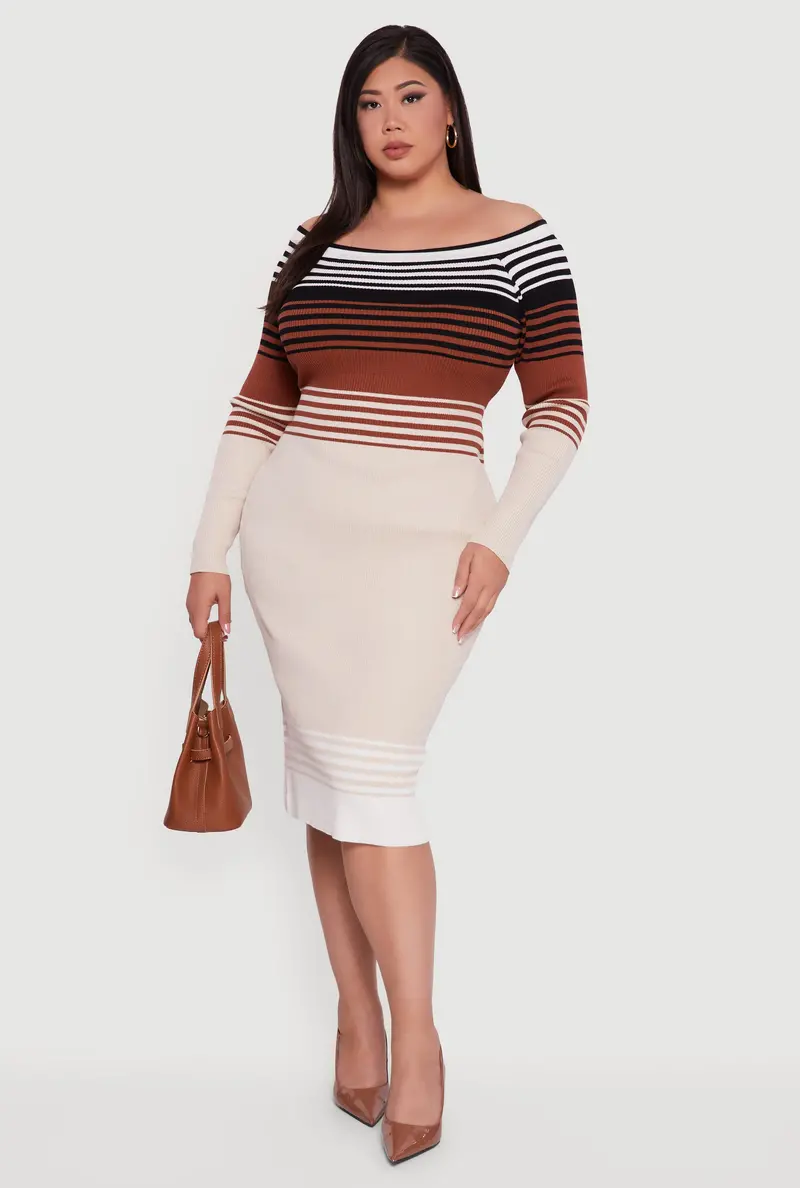 Striped Off-The-Shoulder Sweater Dress – Plus Size 1
