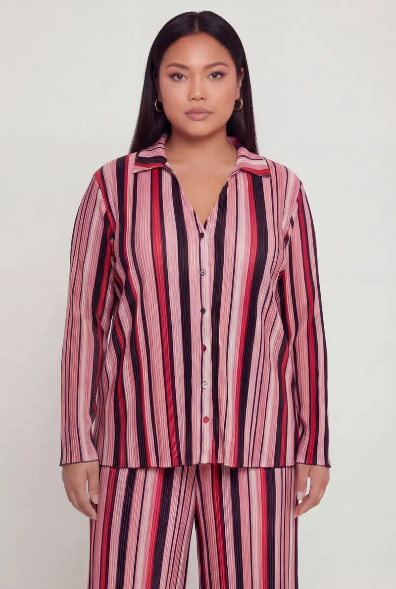 Striped Plissé Button-Front Shirt With Long Sleeves – Plus Size 1