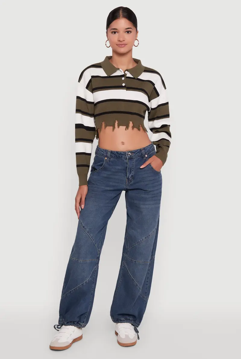 Striped Polo-Neck Cropped Sweater With Frayed Hem 1