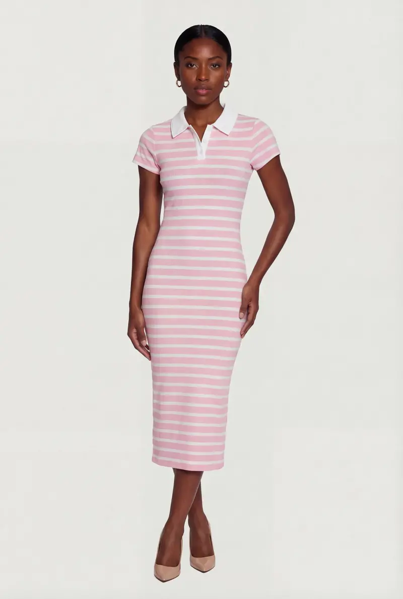 Striped Polo-Style Midi Dress With Short Sleeves 1