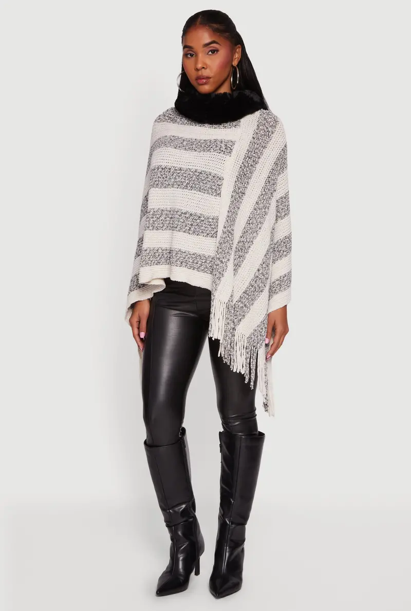 Striped Poncho With Faux Fur Trim And Fringe Hem 1
