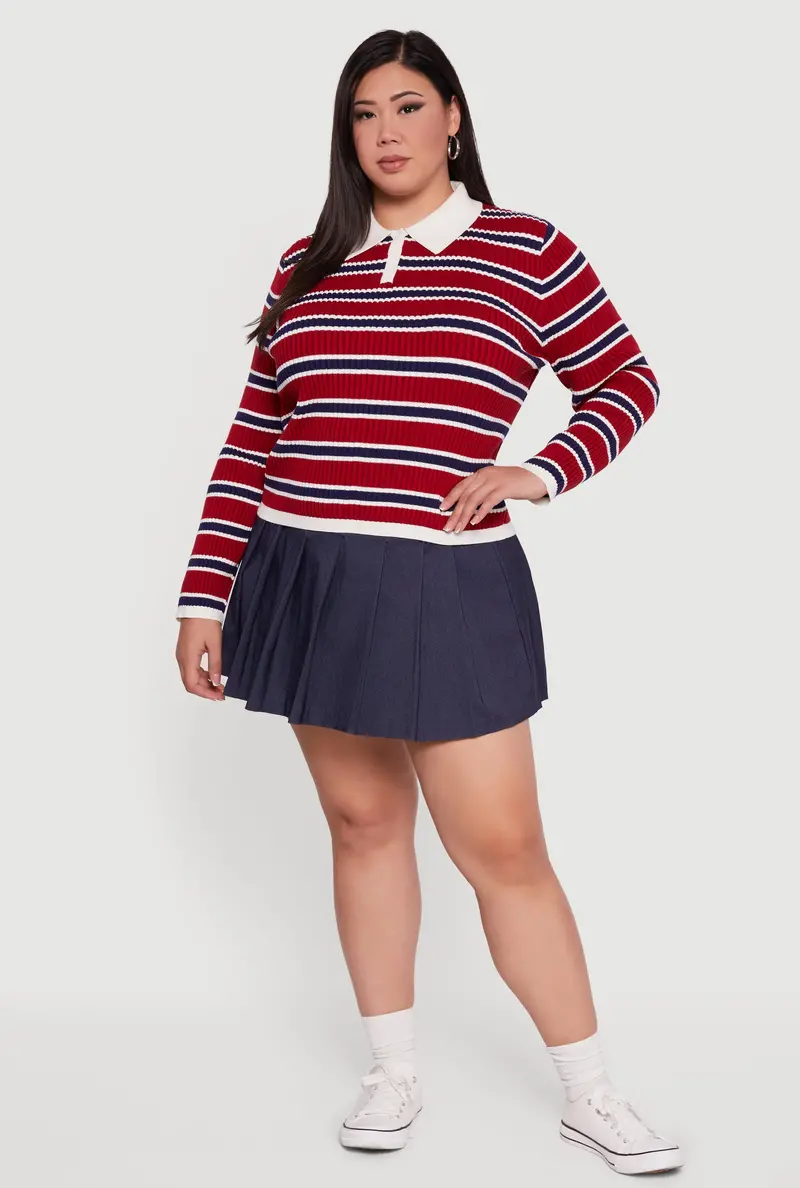 Striped Rib-Knit Polo-Style Sweater – Plus Size 1