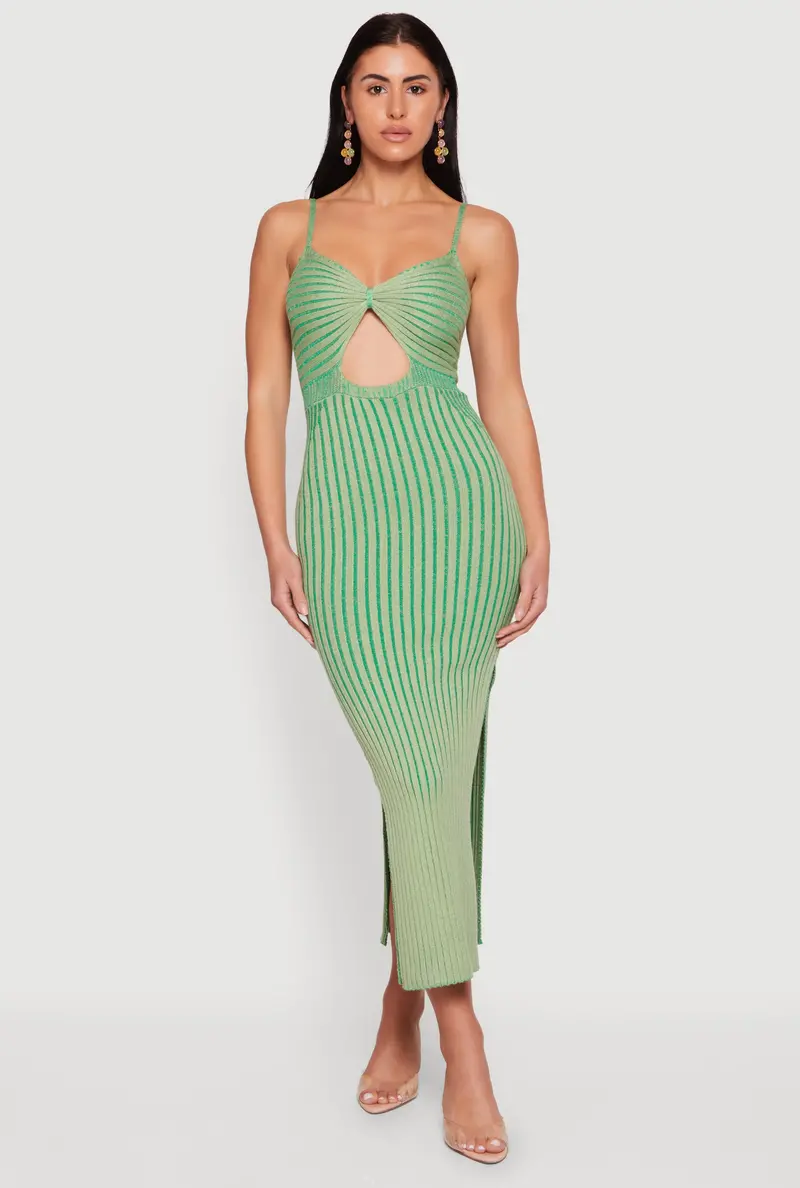 Striped Ribbed Knit Midi Dress – Keyhole Accent & Body-Conscious Fit 1