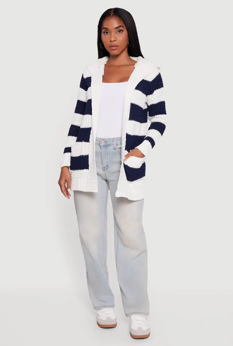 Striped Sherpa-Lined Hooded Cardigan 1
