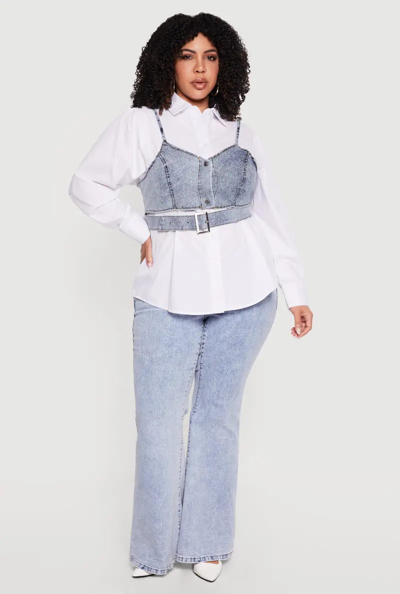 Structured Poplin Shirt With Denim-Style Corset Panel And Full Sleeves 1