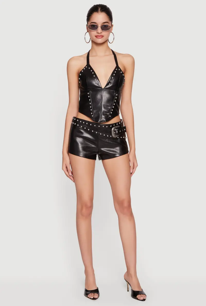 Studded Belted Faux Leather Shorts 1