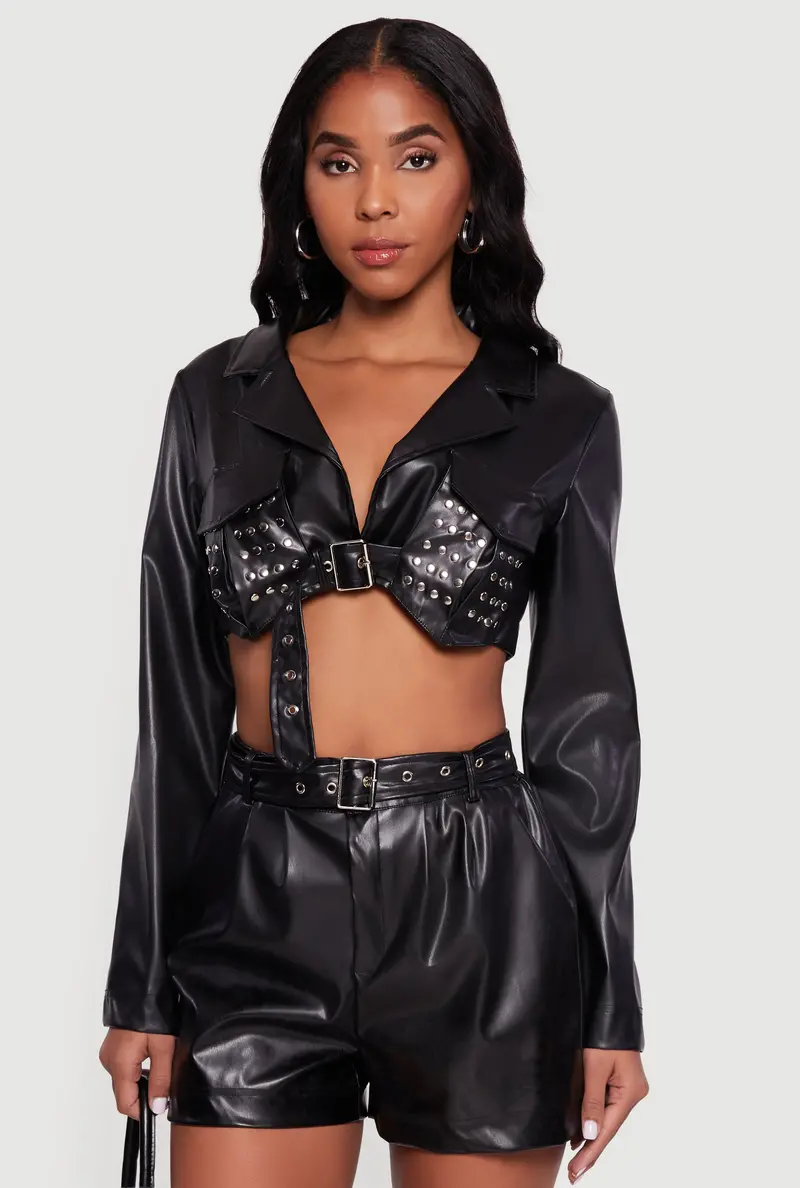 Studded Faux Leather Cropped Jacket – Belted Front 1