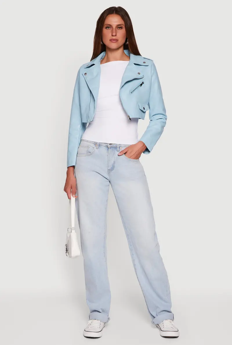 Stylish Faux Leather Cropped Moto Jacket – Long Sleeve 1