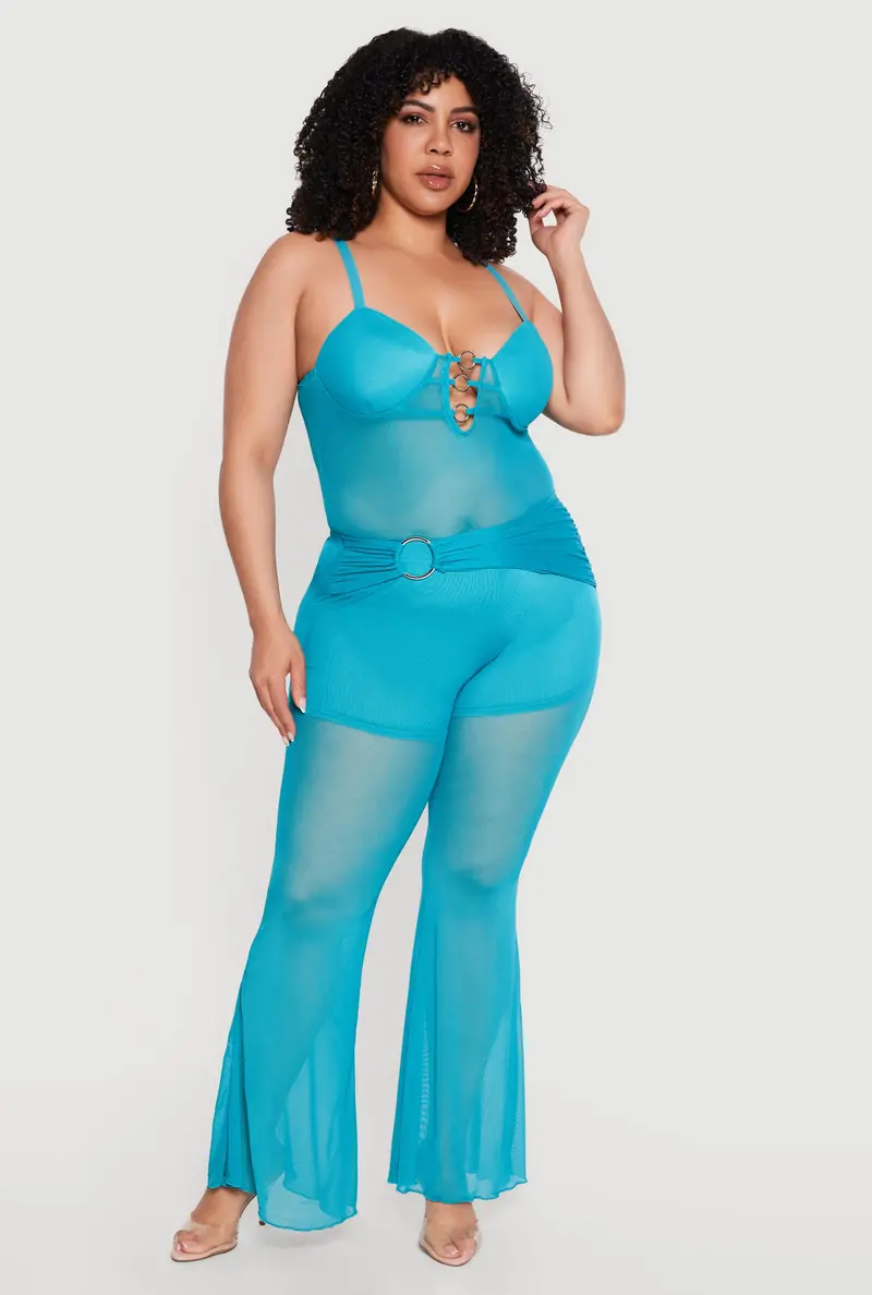 Stylish O-Ring Belted Mesh Flare Pants For Curvy Silhouettes 1