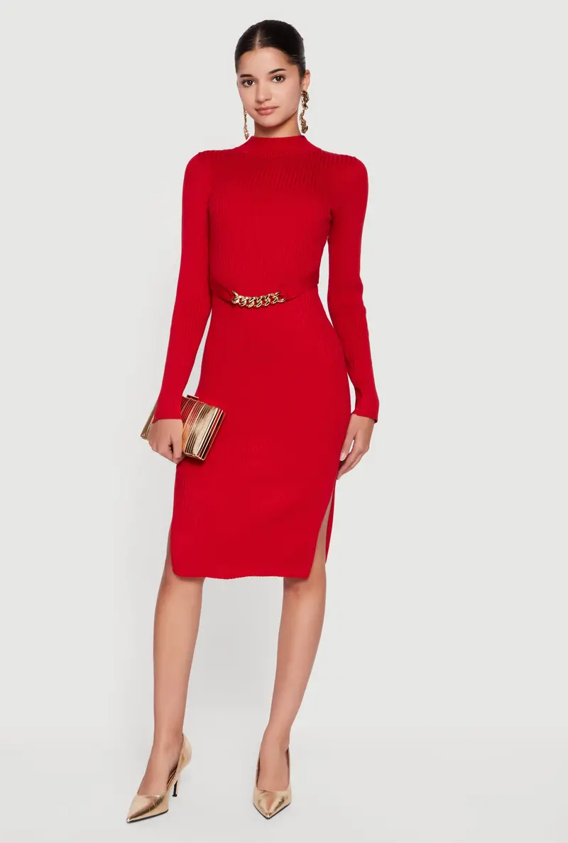 Sweater Dress With Side Slit, Chain Belt, And Draped Front 1
