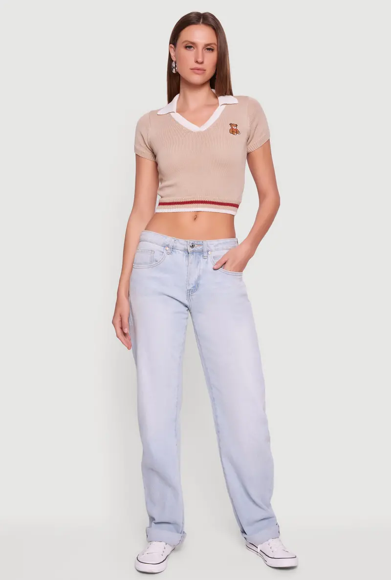 Teddy Bear Motif Cropped Polo Sweater With Contrasting Trim 1