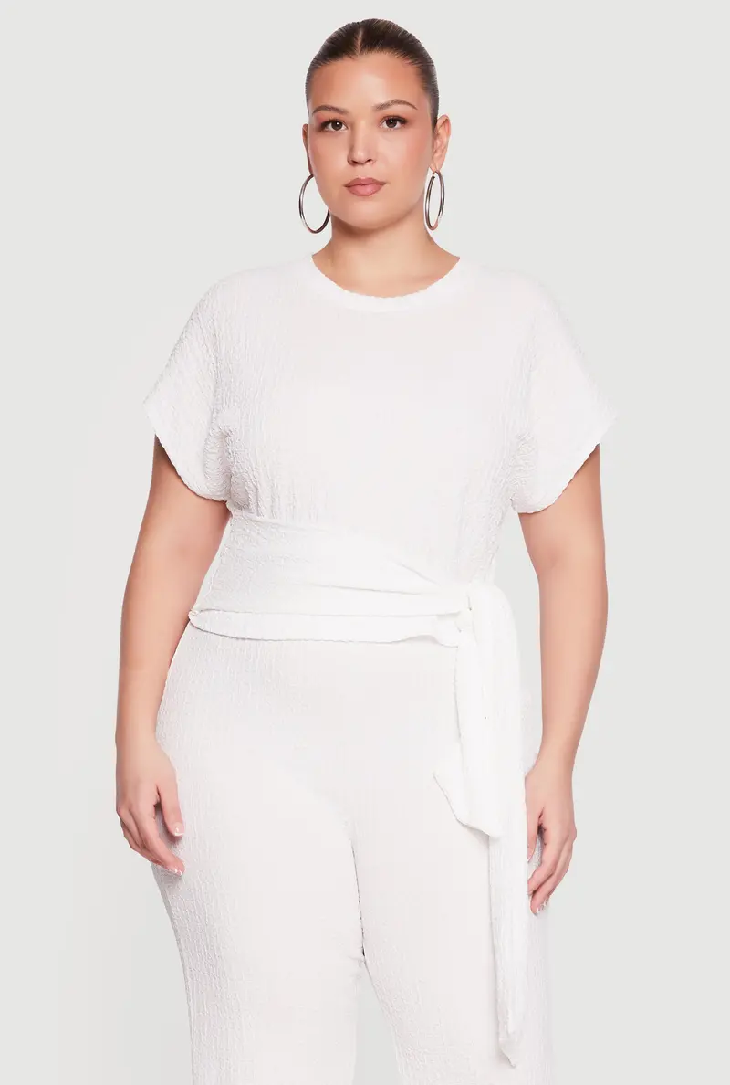 Textured Knit Blouse With Tie-Front Detail – Plus Size 1