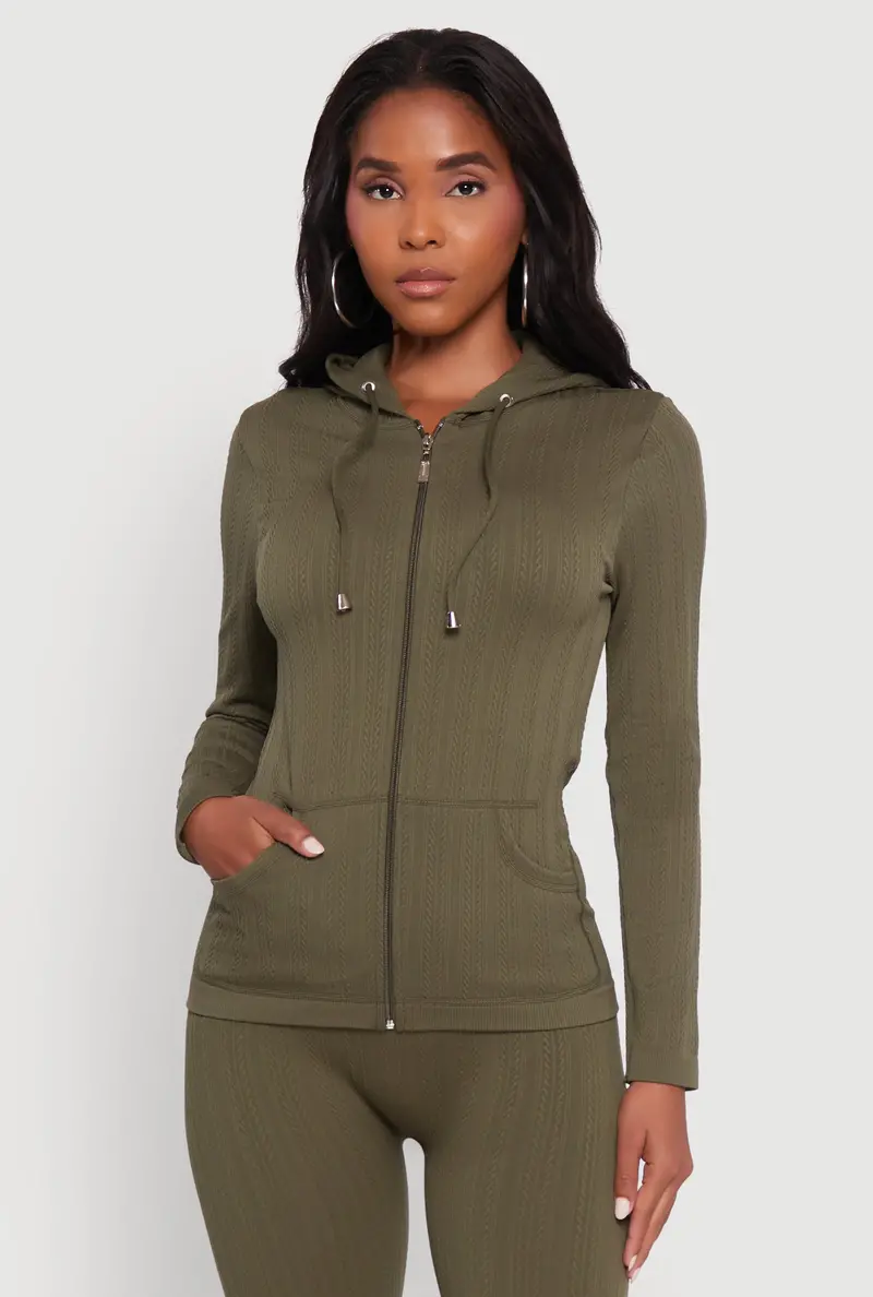 Textured Knit Hoodie Featuring Zip Front And Drawstring Waist 1