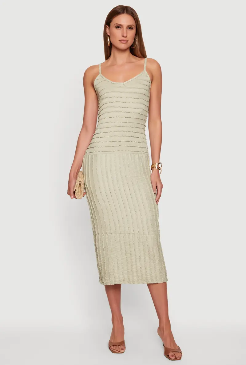 Textured Knit Midi Dress With Ruffled Hem & Tiered Design 1