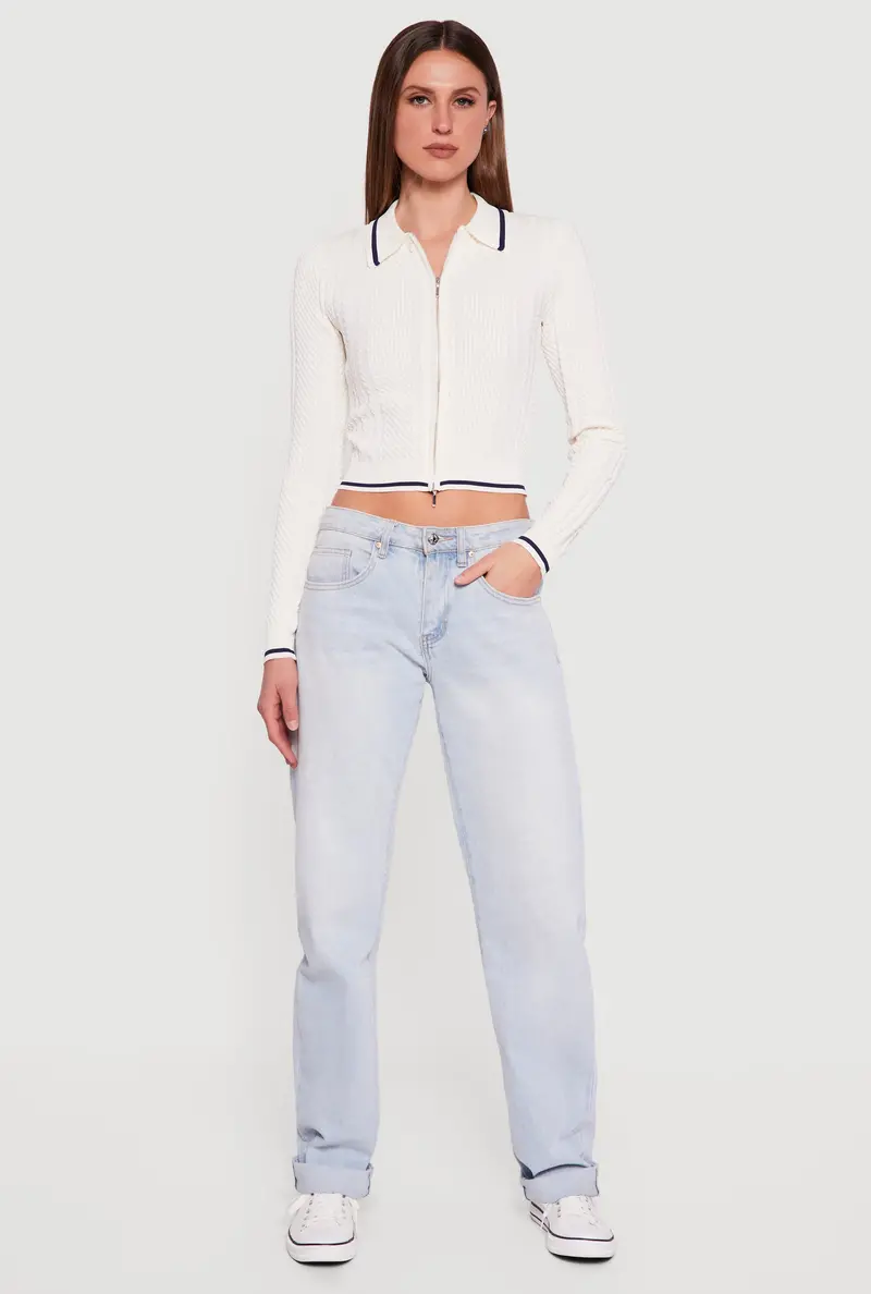 Textured Knit Sweater With Contrasting Trim And Full-Zip Front 1