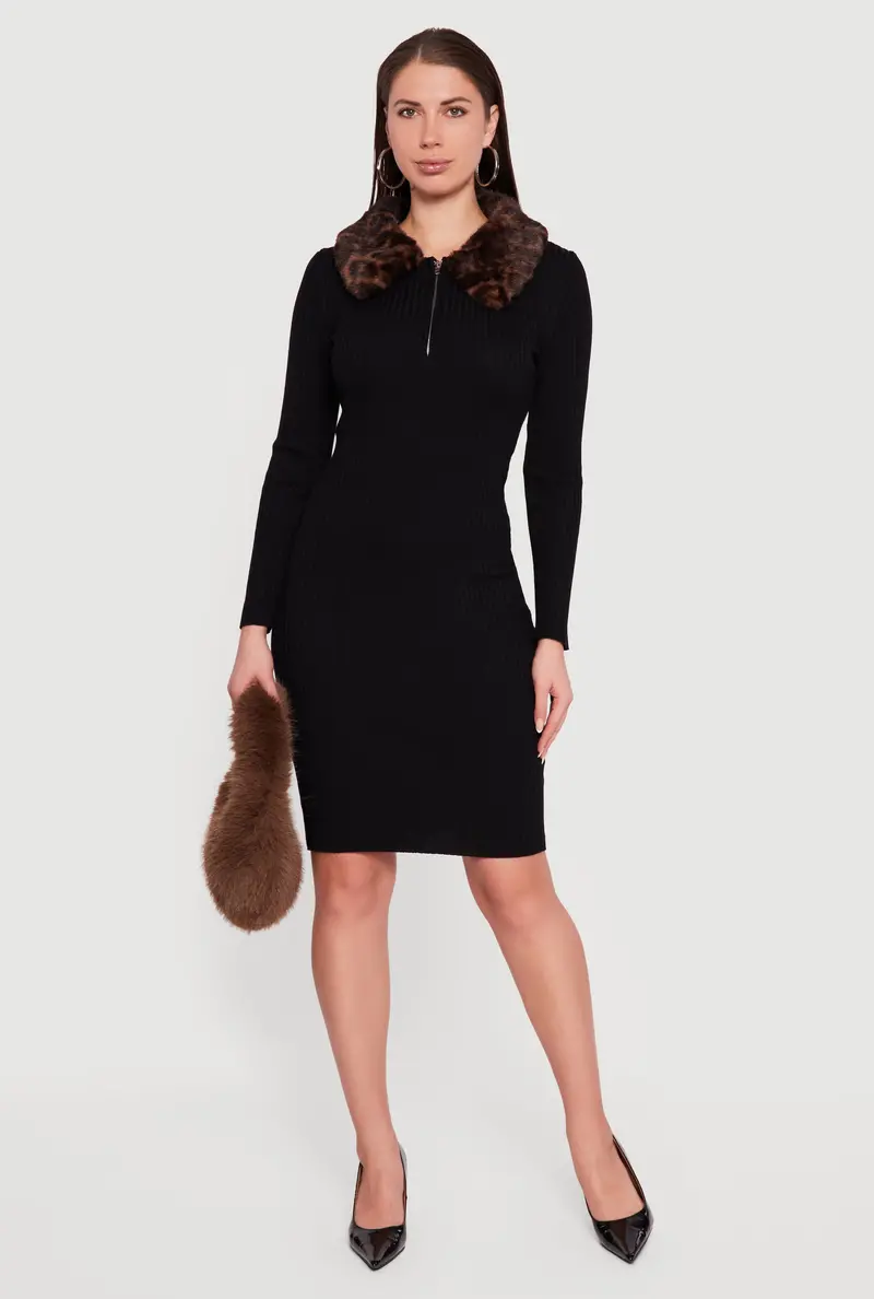 Textured Rib-Knit Sweater Dress Featuring Detachable Faux Fur Collar 1