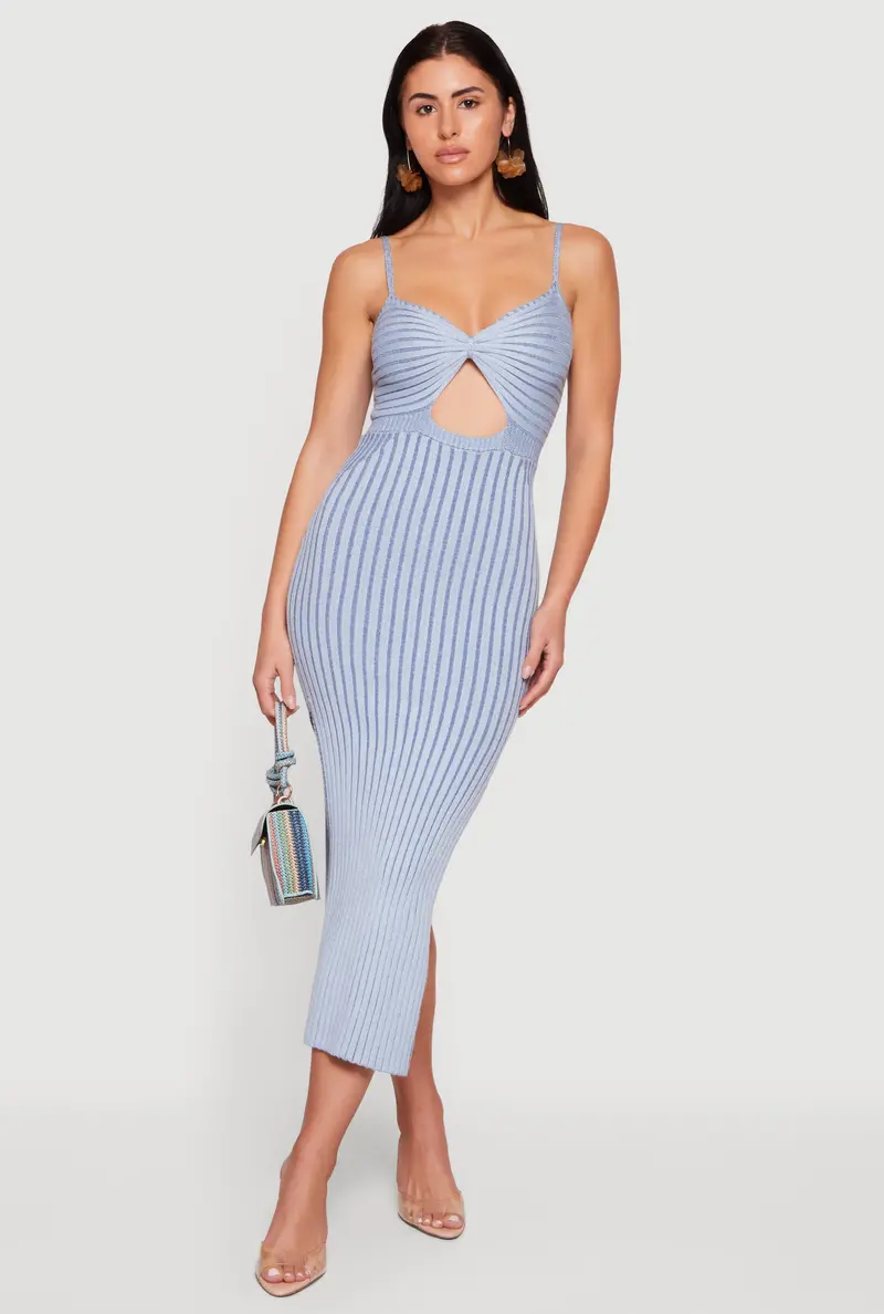 Textured Striped Midi Dress – Keyhole Back & Stretch Ribbed Fabric 1