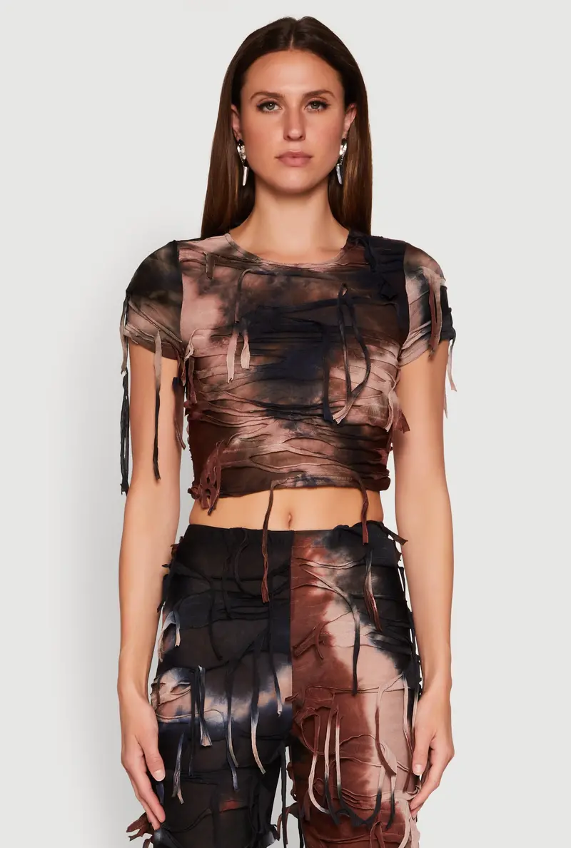 Tie-Dye Crop Top With Asymmetrical Slashed Details 1