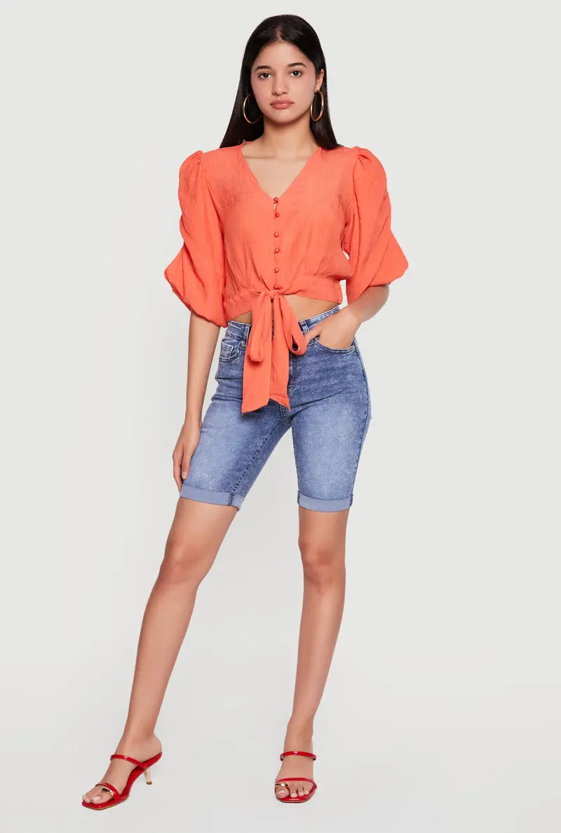 Tie-Front Gauze Blouse With Ruched Puff Sleeves And Textured Knit 1