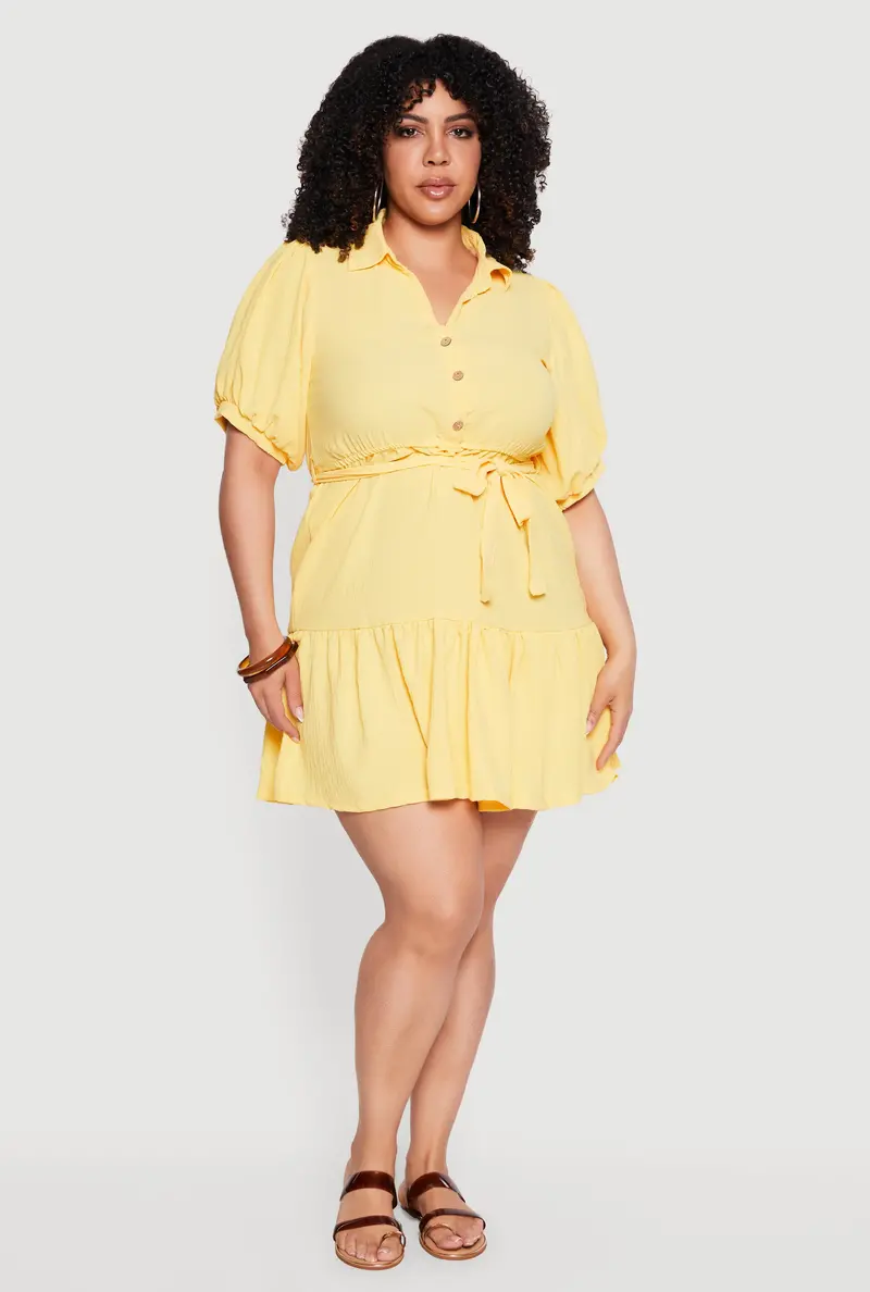 Tiered Plus Size Mini Dress Featuring Puff Sleeves & Cinched Waist 1