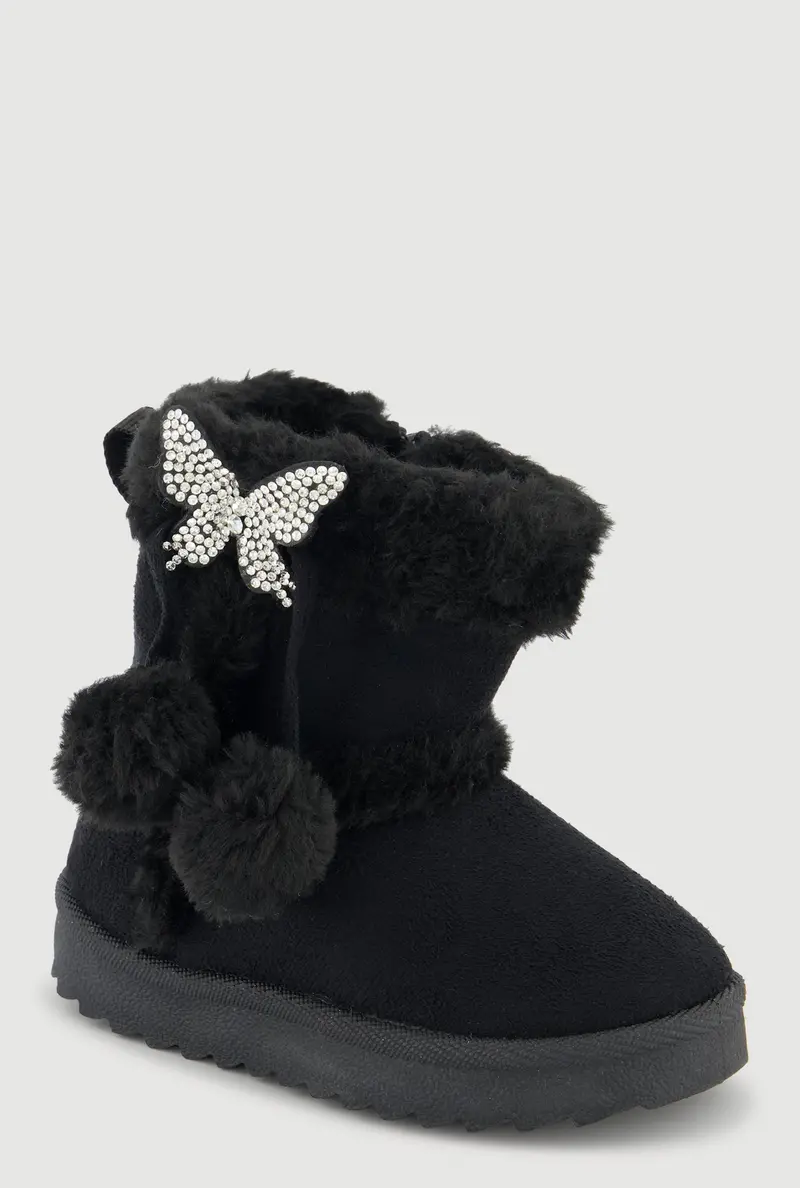 Toddler Girls' Butterfly Pom-Pom Boots In Textured Faux Suede 1