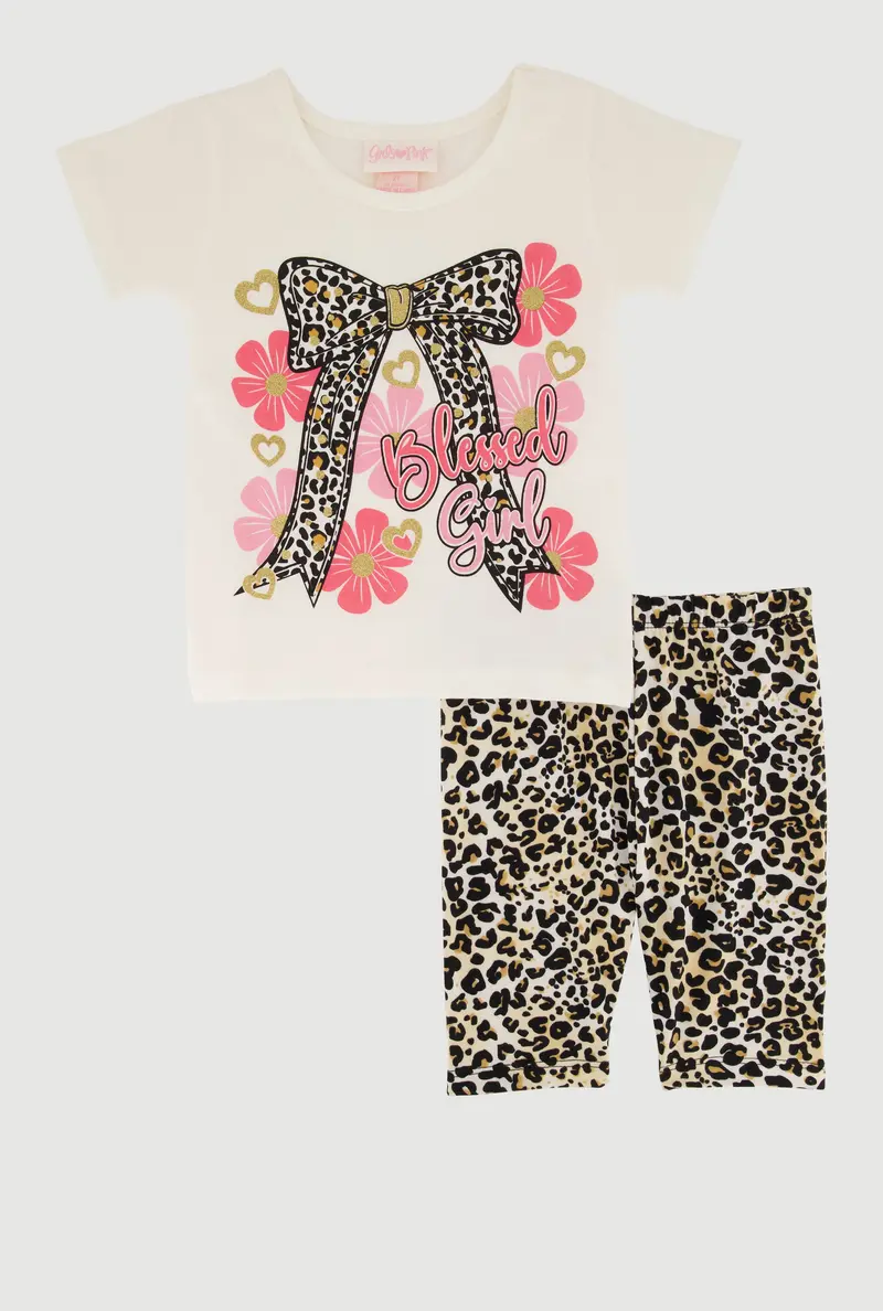 Toddler Girls’ Leopard Print Tee & Biker Shorts Set – ‘Blessed Girl’ Graphic Outfit 1