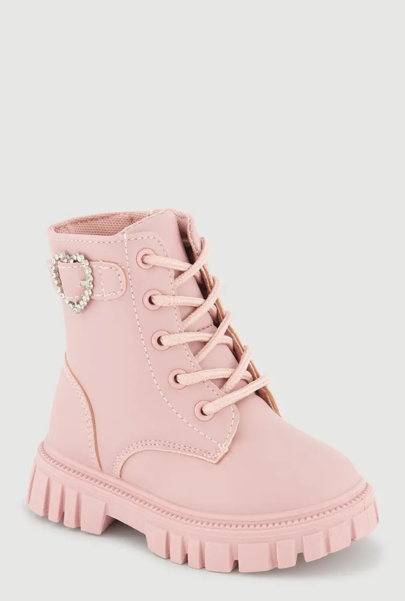 Toddler Girls’ Rhinestone Heart Buckle Combat Boots 1