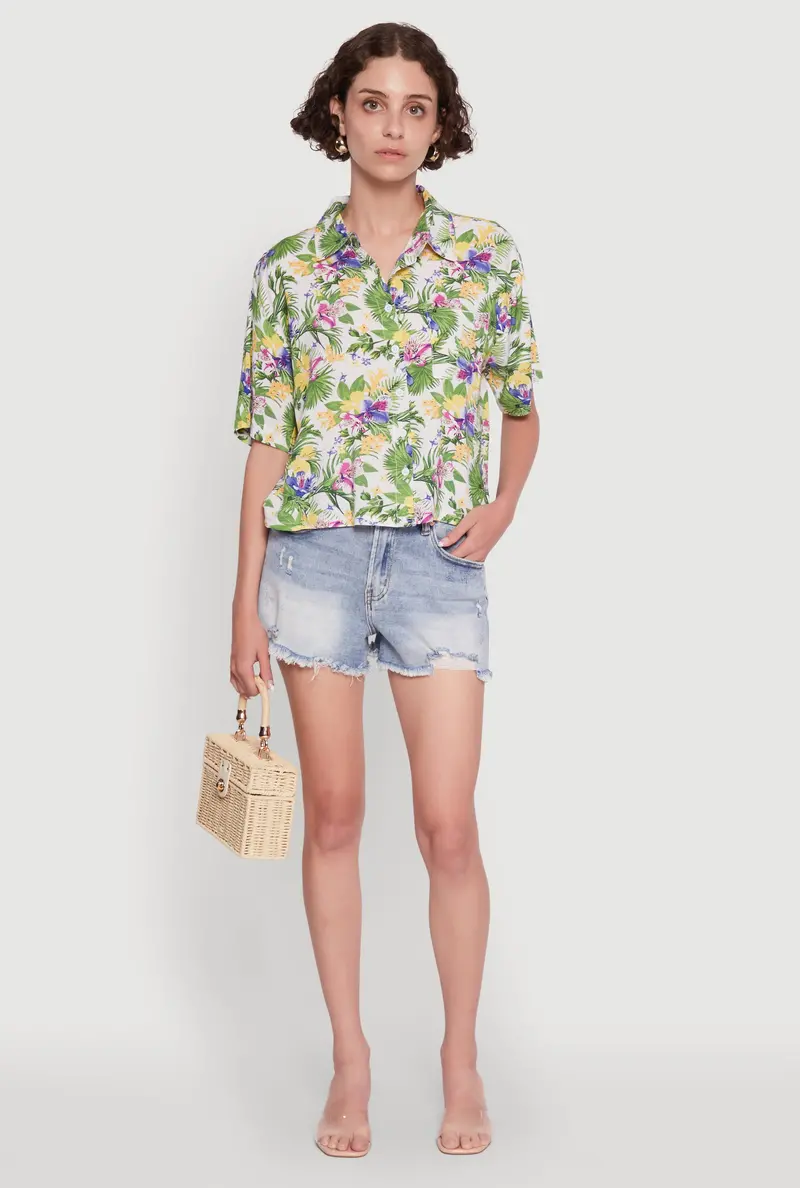 Tropical Floral Print Button-Front Shirt 1