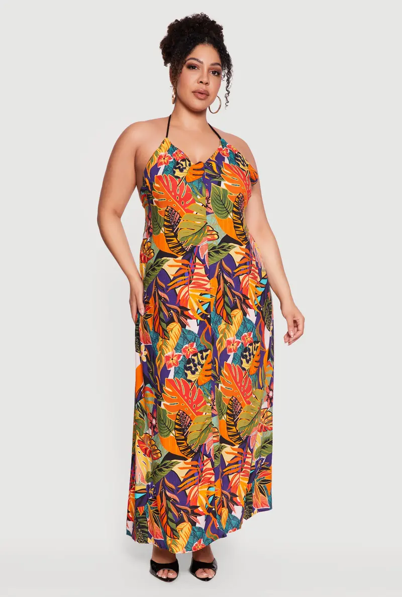 Tropical Leaf Print Halter Maxi Dress For Curvy Women 1