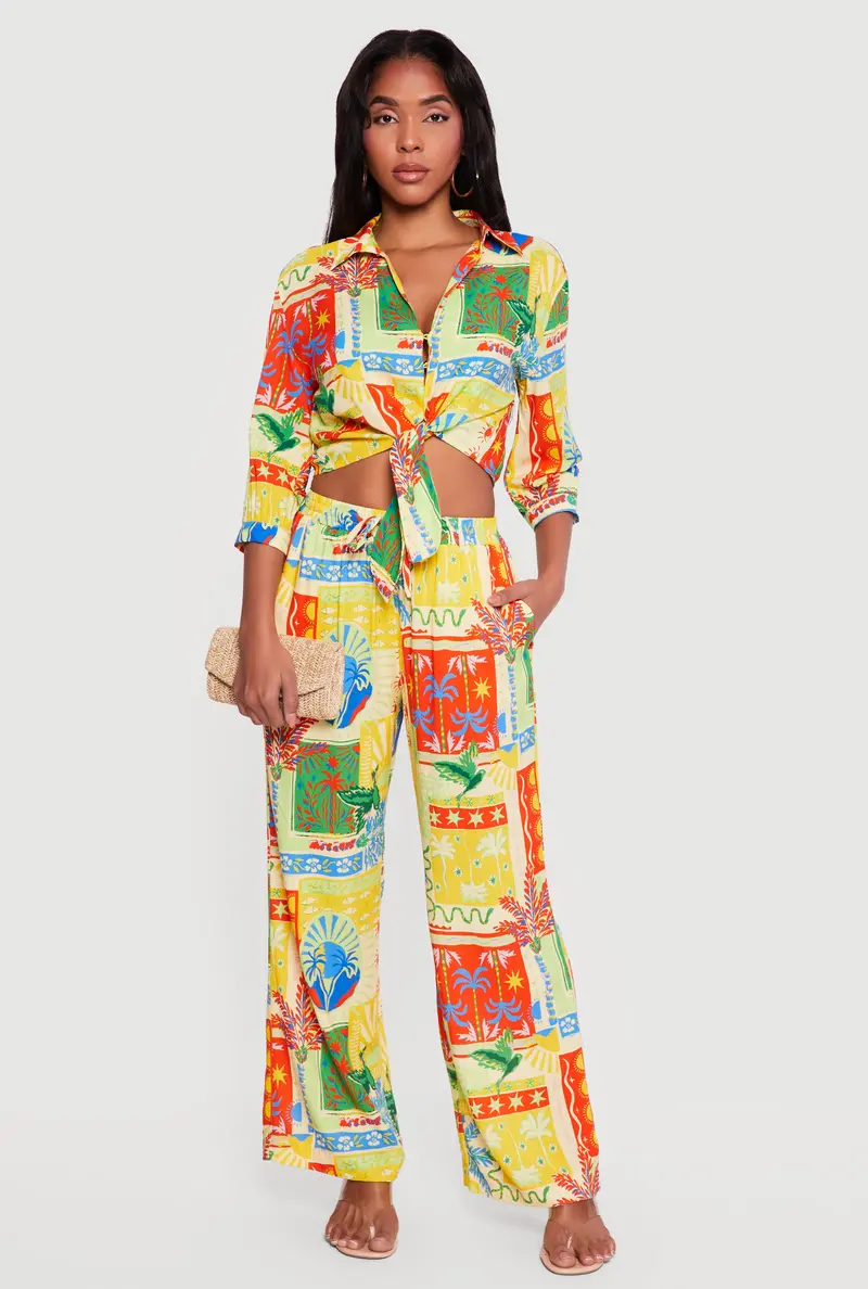 Tropical-Print Wide-Leg Pants – High Waisted, Drawstring Waist 1
