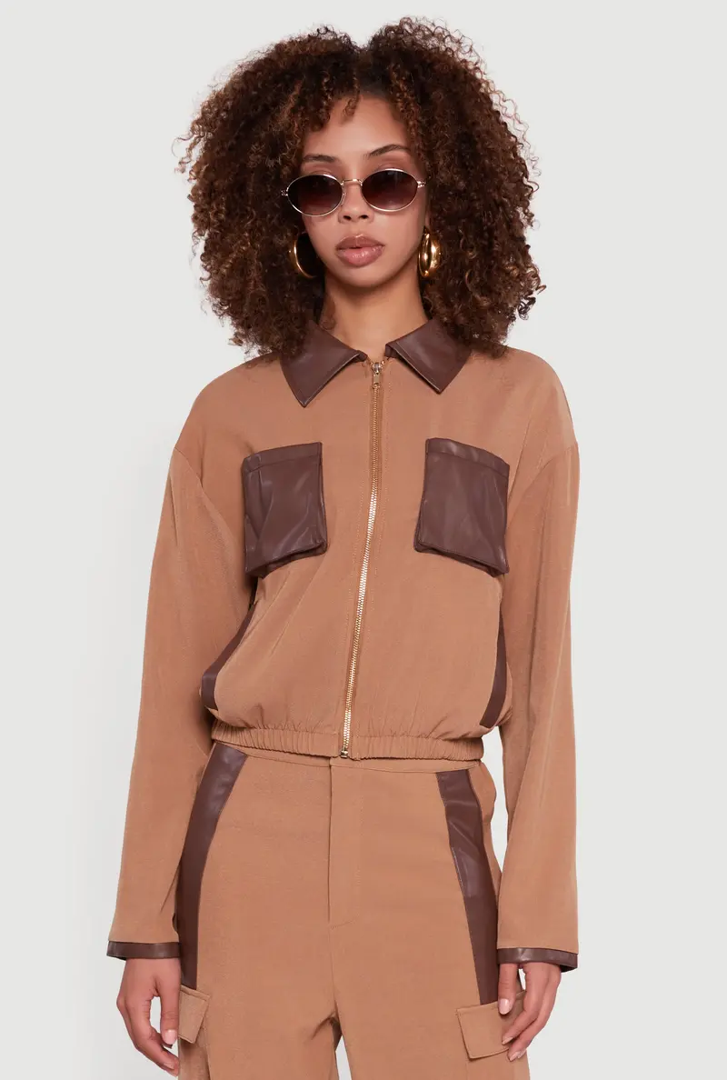 Twill Zip-Front Jacket With Faux Leather Accents 1