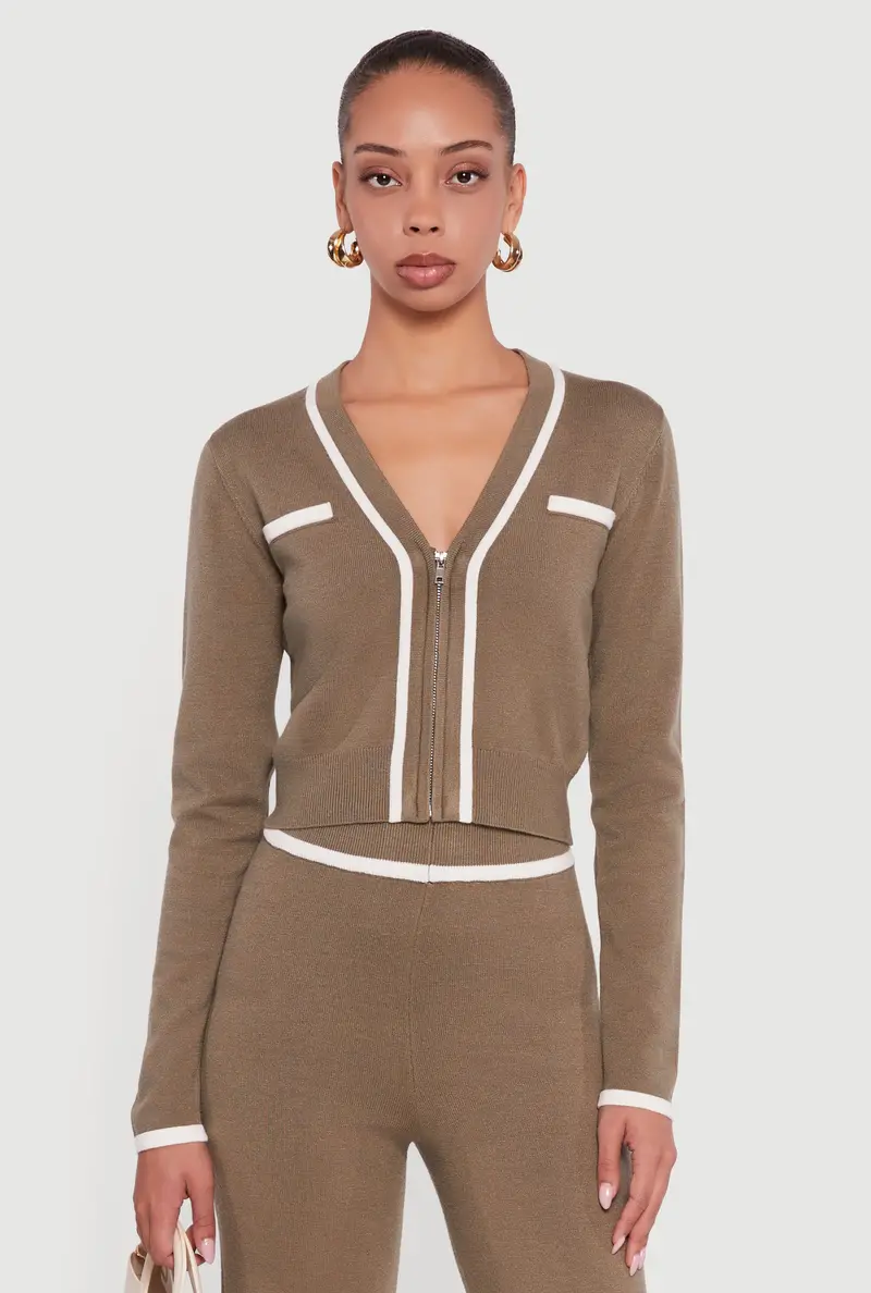 V-Neck Cropped Sweater With Contrast Trim And Full Zip 1