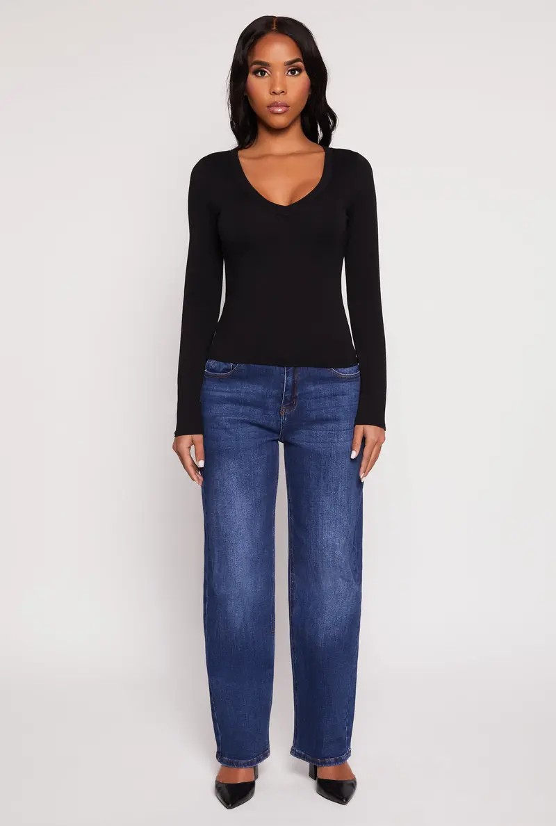 V-Neck Long Sleeve Basic Top – Streamlined Design 1